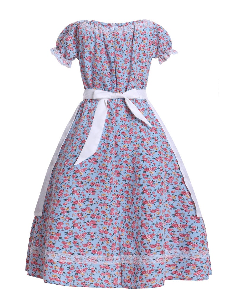 Vibsion Girls Pioneer Prairie Costume Pilgrim Dress Kids Floral Colonial Village Girl Costumes Bonnet Apron Set - Image 2