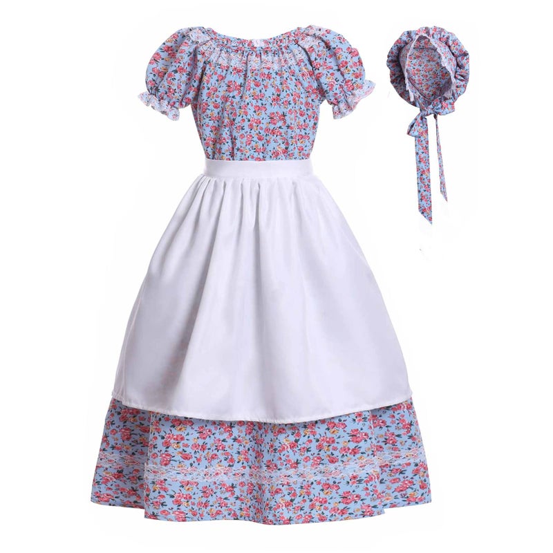 Vibsion Girls Pioneer Prairie Costume Pilgrim Dress Kids Floral Colonial Village Girl Costumes Bonnet Apron Set - Image 4