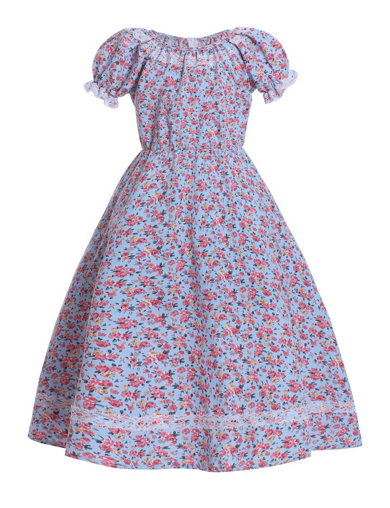 Vibsion Girls Pioneer Prairie Costume Pilgrim Dress Kids Floral Colonial Village Girl Costumes Bonnet Apron Set - Image 3