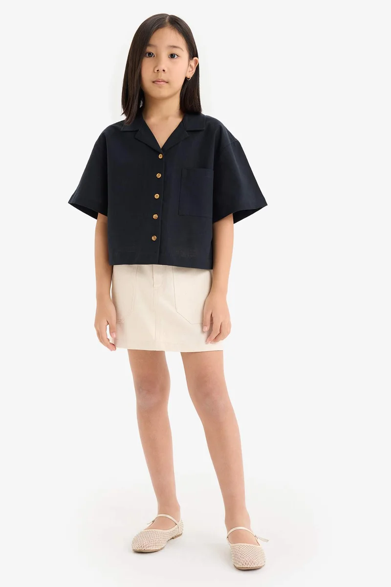ديفاكتو Girl Linen Short Sleeve Crop Shirt