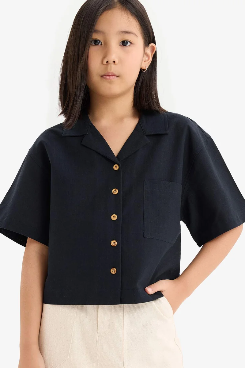 ديفاكتو Girl Linen Short Sleeve Crop Shirt