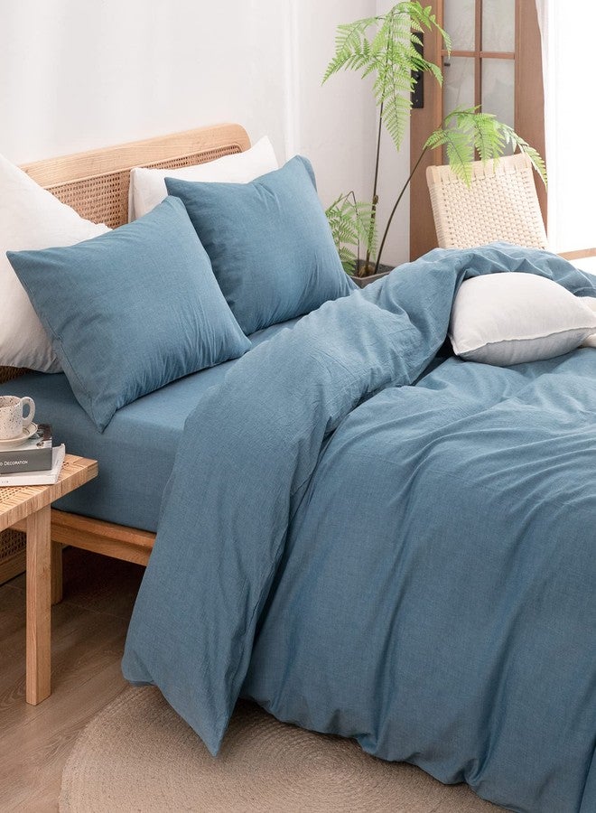 BESTOUCH Duvet Cover Set 100% Washed Cotton Linen Feel Super Soft Comfortable Chic Lightweight 3 PCs Home Bedding Set Solid Dark Blue King - Image 2