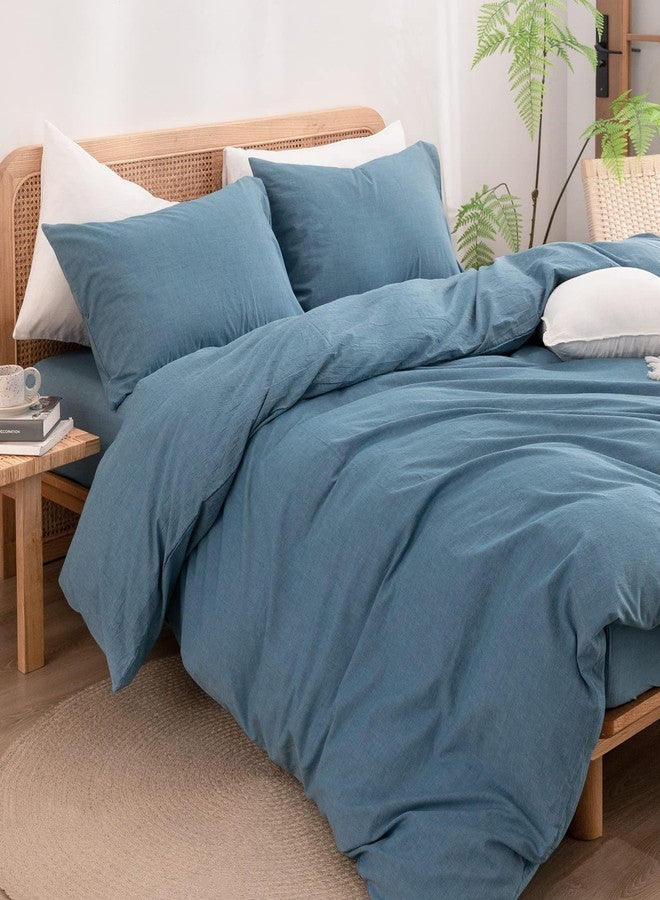 BESTOUCH Duvet Cover Set 100% Washed Cotton Linen Feel Super Soft Comfortable Chic Lightweight 3 PCs Home Bedding Set Solid Dark Blue King - Image 5