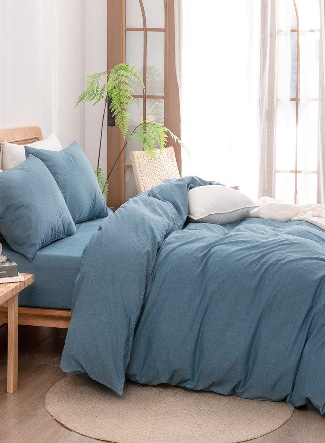 BESTOUCH Duvet Cover Set 100% Washed Cotton Linen Feel Super Soft Comfortable Chic Lightweight 3 PCs Home Bedding Set Solid Dark Blue King - Image 3