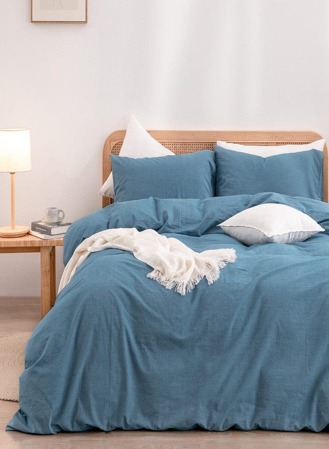 BESTOUCH Duvet Cover Set 100% Washed Cotton Linen Feel Super Soft Comfortable Chic Lightweight 3 PCs Home Bedding Set Solid Dark Blue King - Image 1