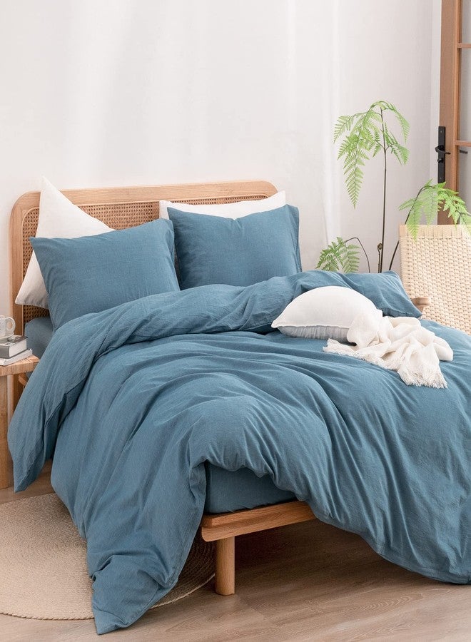 BESTOUCH Duvet Cover Set 100% Washed Cotton Linen Feel Super Soft Comfortable Chic Lightweight 3 PCs Home Bedding Set Solid Dark Blue King - Image 4