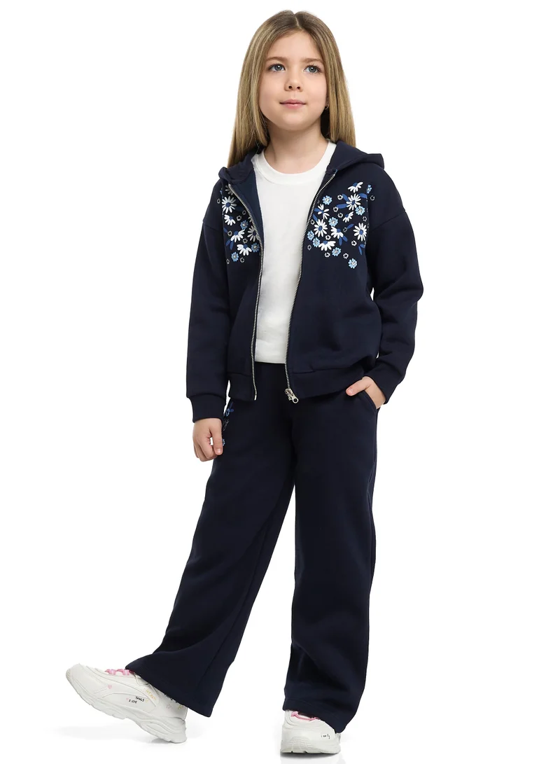 victor and jane Girls Floral Embroidered Fleece Tracksuit – Navy 2-Piece Set