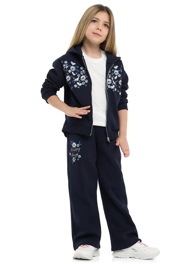 victor and jane Girls Floral Embroidered Fleece Tracksuit – Navy 2-Piece Set