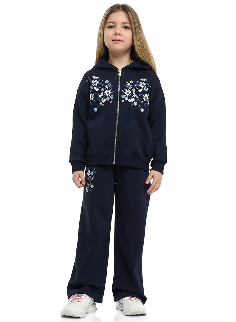 victor and jane Girls Floral Embroidered Fleece Tracksuit – Navy 2-Piece Set