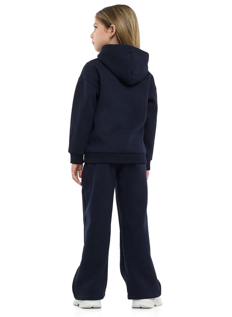 victor and jane Girls Floral Embroidered Fleece Tracksuit – Navy 2-Piece Set