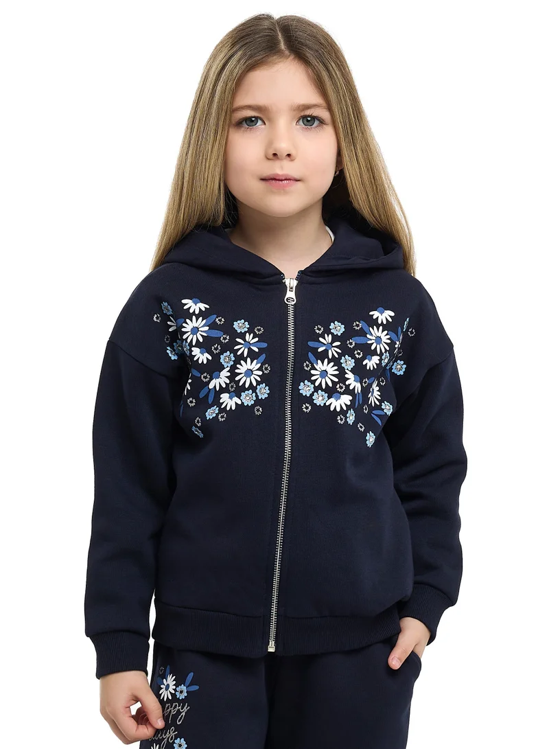 victor and jane Girls Floral Embroidered Fleece Tracksuit – Navy 2-Piece Set