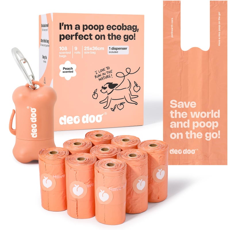 Deo Doo Dog Poop Bags with Handles 9 Rolls 108 Counts Big Sizes Leak Proof and Extra Thick Waste Bags Refill Rolls for Walking Small Medium Large Dogs Cats Litter With Holder Peach Scented - Image 1