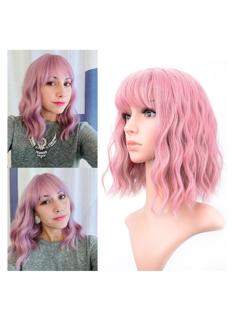 Estelle Natural Wavy Wig With Air Bangs Short Bob Wigs for Womens Shoulder Length Wigs Curly Wavy Cosplay Wig Bob Wig for Girls Pink - Image 1