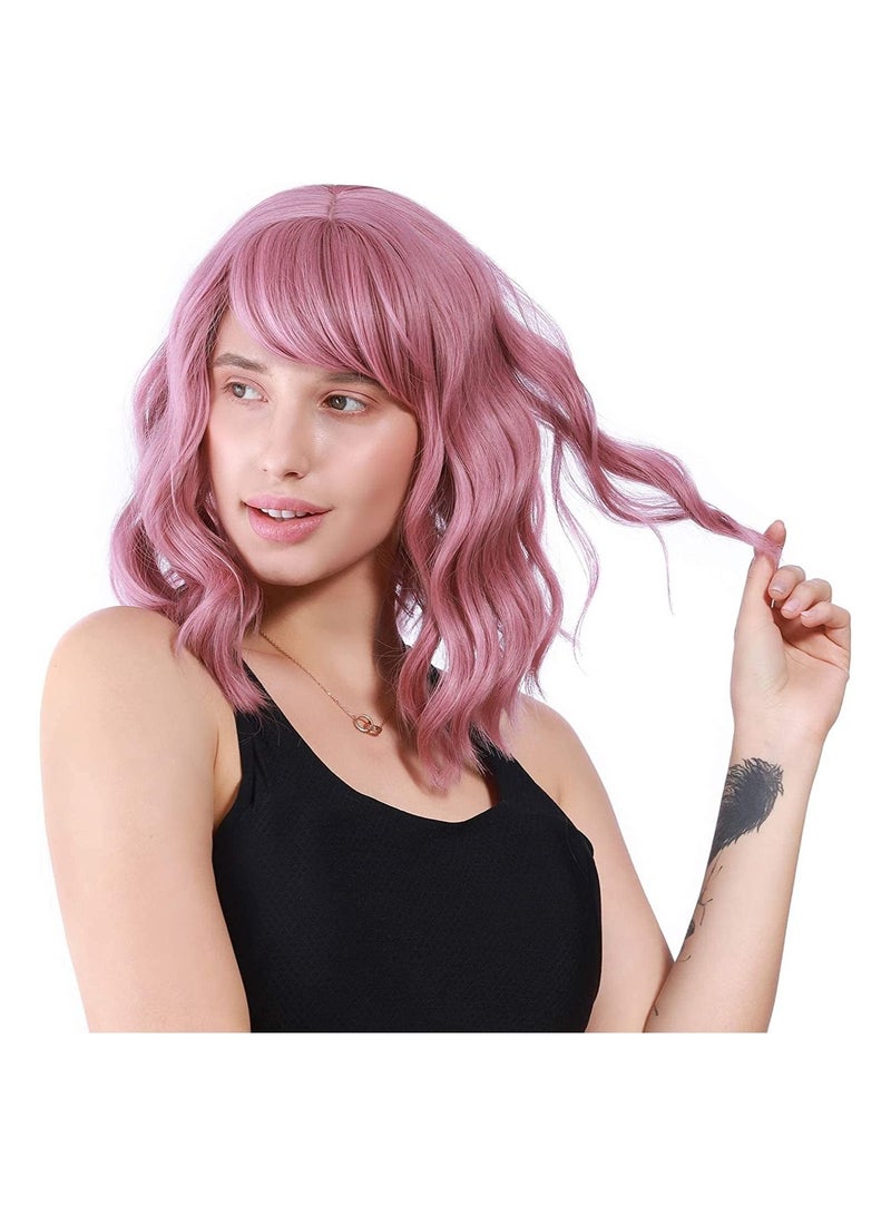 Estelle Natural Wavy Wig With Air Bangs Short Bob Wigs for Womens Shoulder Length Wigs Curly Wavy Cosplay Wig Bob Wig for Girls Pink - Image 4