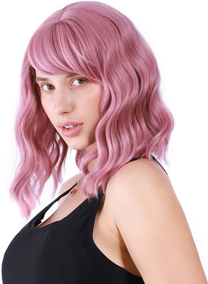 Estelle Natural Wavy Wig With Air Bangs Short Bob Wigs for Womens Shoulder Length Wigs Curly Wavy Cosplay Wig Bob Wig for Girls Pink - Image 2