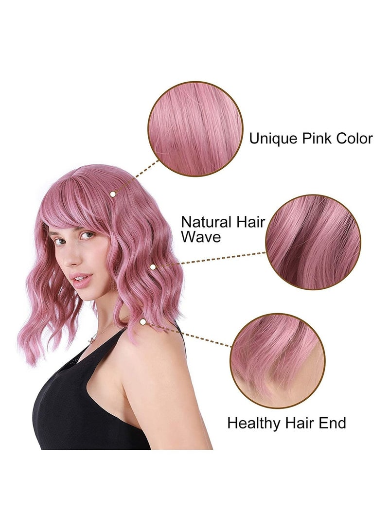 Estelle Natural Wavy Wig With Air Bangs Short Bob Wigs for Womens Shoulder Length Wigs Curly Wavy Cosplay Wig Bob Wig for Girls Pink - Image 5