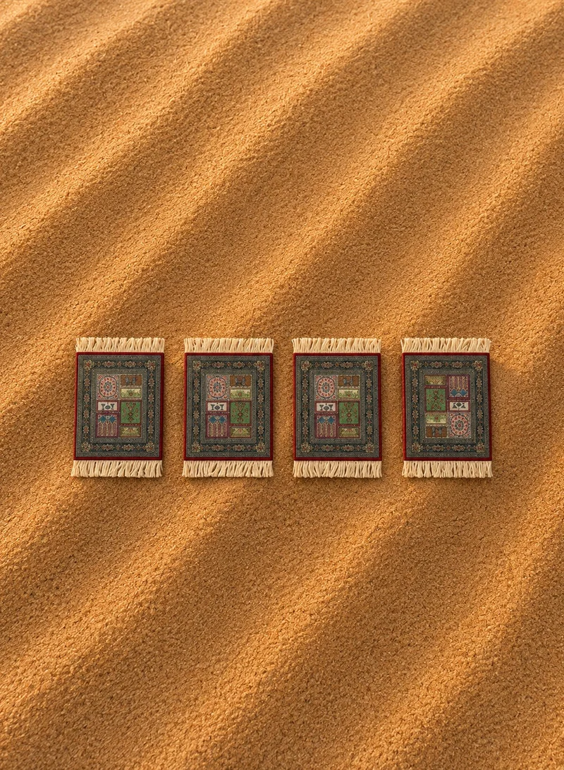 Tohfa Luxe Sajjadah Carpet Coaster Set of 4 (11 × 9 cm) – Traditional Prayer Rug Inspired Luxury Table Coasters, Heat Resistant Woven Mini Carpet Décor