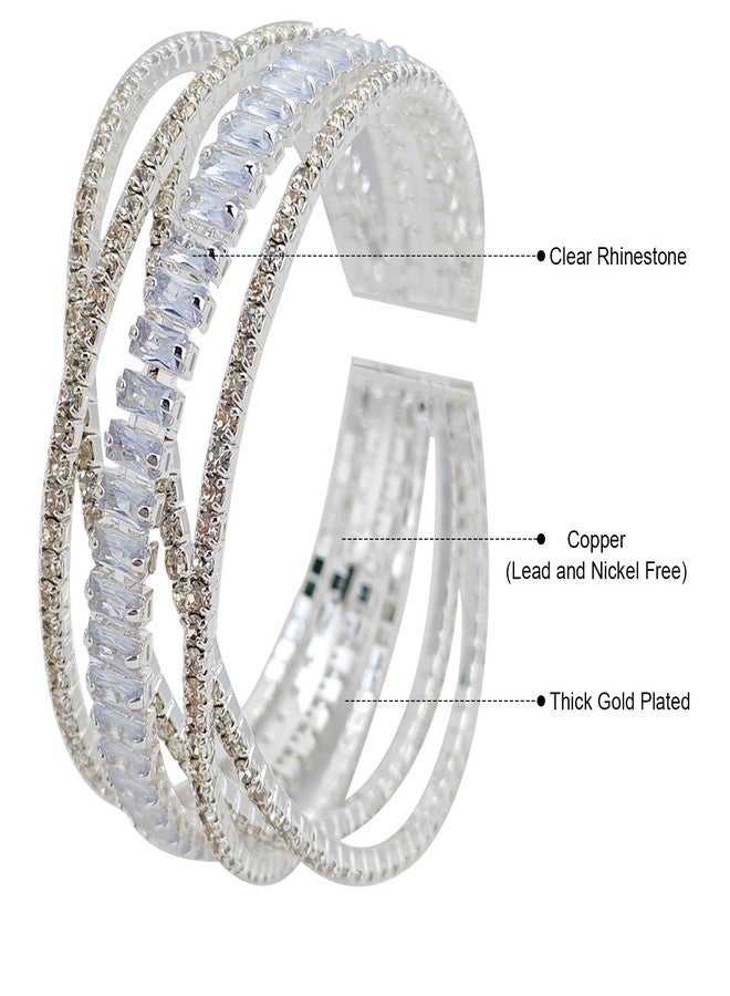 سوار YBMYCM متعدد الطبقات مرصع بأحجار الراين الكريستالية، ذهبي وفضي، مناسب للنساء كإكسسوار مجوهرات لحفلات التخرج والزفاف والمواعدة (فضي كبير) - Image 5