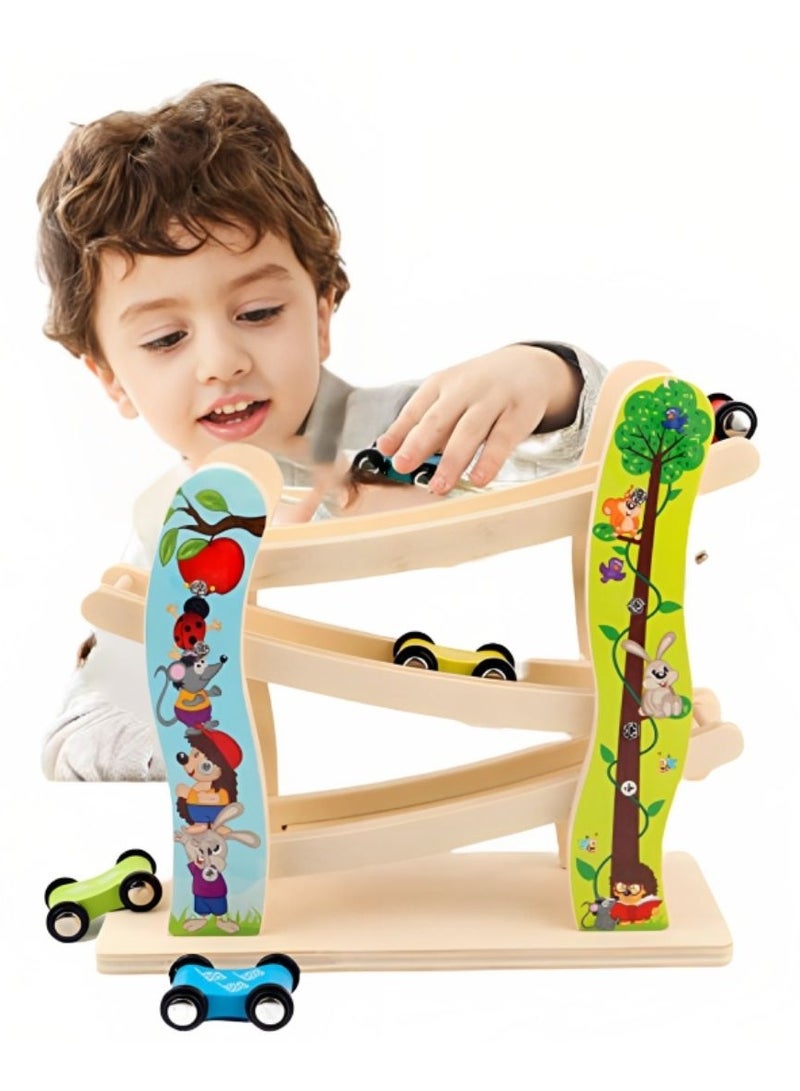 Wooden Car Racetrack, Toy car racing Track, Ramp Racer With 4 Mini Cars Set, Educational Creative Toddler Toy for Kids, Little Boy and Girl at Home or for Gifting - Image 1