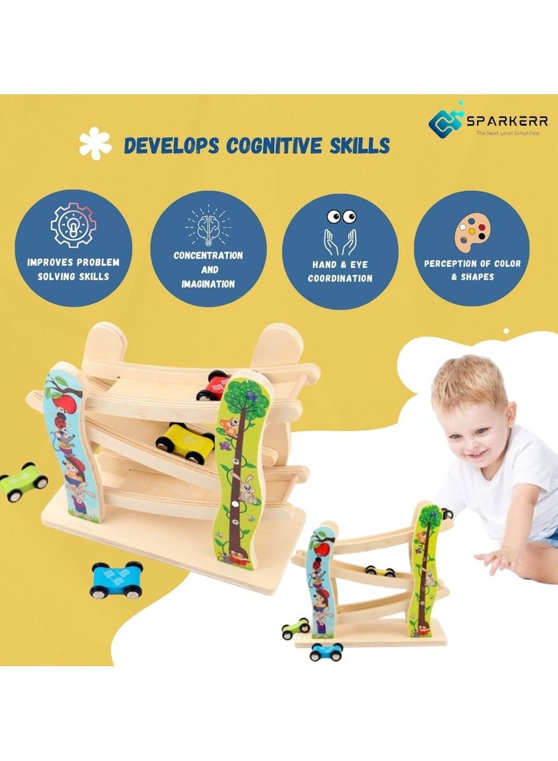 Wooden Car Racetrack, Toy car racing Track, Ramp Racer With 4 Mini Cars Set, Educational Creative Toddler Toy for Kids, Little Boy and Girl at Home or for Gifting - Image 4