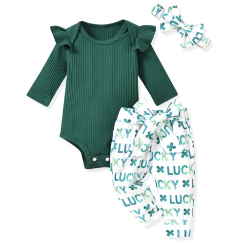 Aalizzwell Newborn Baby Girls St. Patrick’s Day Clothes Lucky Shamrock Long Sleeve Spring Outfit NB Green - Image 1