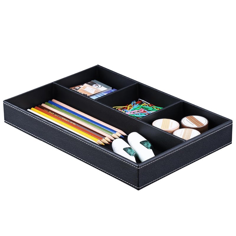 KINGFOM Pu Leather Desk Organizer Tray, 4 Compartment Office Storage Supplies Stationery Drawer Tray, Nightstand Bedside Tray for Key, Wallet, Sunglass, Watch, Coin, Phone Valet Tray Stackable Black - Image 3