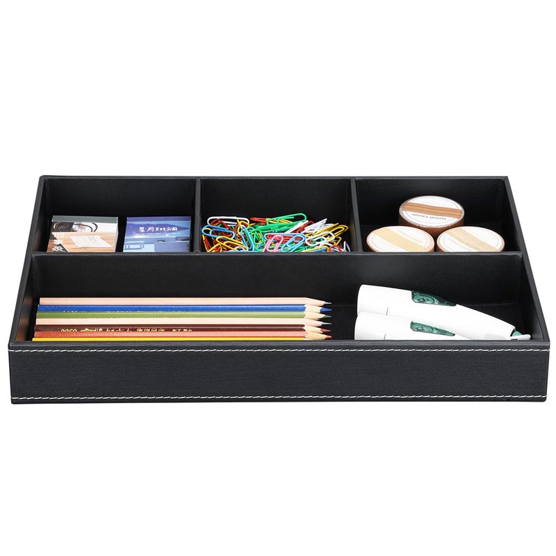 KINGFOM Pu Leather Desk Organizer Tray, 4 Compartment Office Storage Supplies Stationery Drawer Tray, Nightstand Bedside Tray for Key, Wallet, Sunglass, Watch, Coin, Phone Valet Tray Stackable Black - Image 4