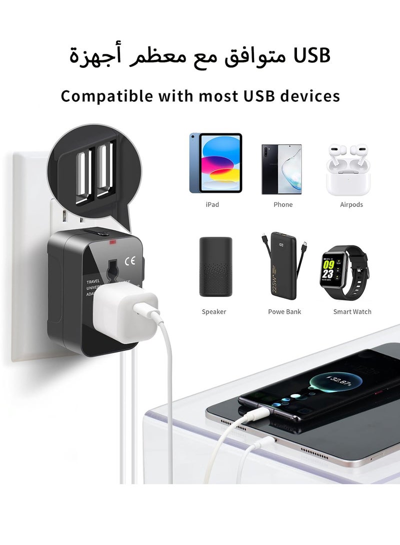 محول سفر عالمي، محول قابس عالمي مع منفذ USB، محول طاقة دولي مع منفذي USB، محول سفر متعدد الإمكانيات، شاحن حائط متعدد منافذ USB لأوروبا والولايات المتحدة والمملكة المتحدة والاتحاد الأوروبي وأستراليا - Image 3