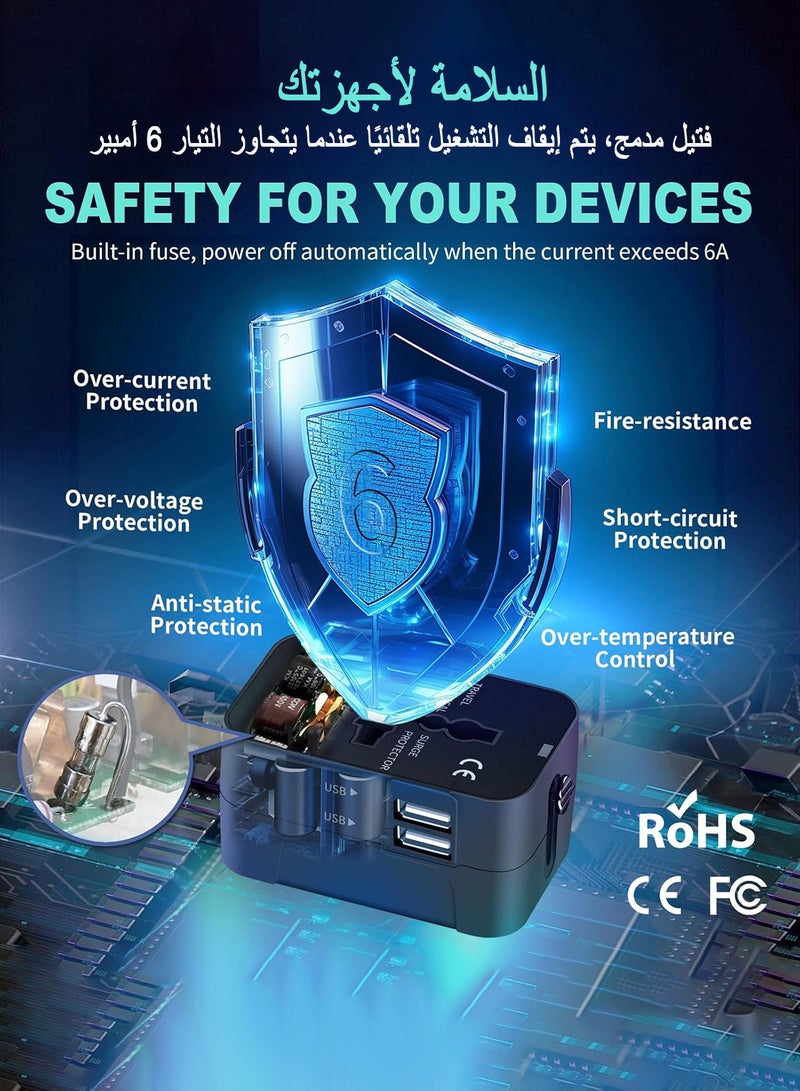محول سفر عالمي، محول قابس عالمي مع منفذ USB، محول طاقة دولي مع منفذي USB، محول سفر متعدد الإمكانيات، شاحن حائط متعدد منافذ USB لأوروبا والولايات المتحدة والمملكة المتحدة والاتحاد الأوروبي وأستراليا - Image 5