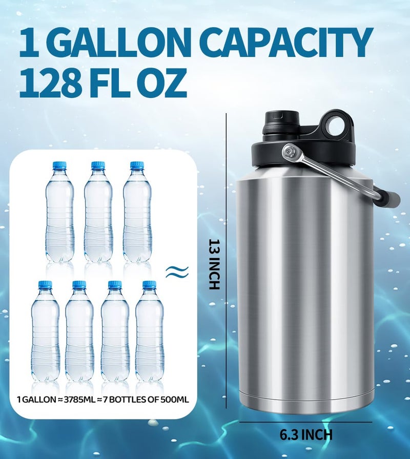 GAGANIU Insulated Water Bottle, 1 Gallon Jug with Handle, 128 oz Stainless Steel Large Water Bottle Wide Mouth Double Vacuum for Hot & Cold Drinks, Stainless Steel - Image 2