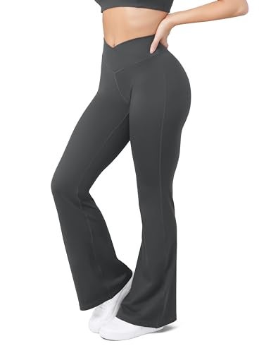 HEGALY Women's Flare Yoga Pants - Crossover Flare Leggings Buttery Soft High Waisted Workout Casual Bootcut Pants Dark Grey - Image 2