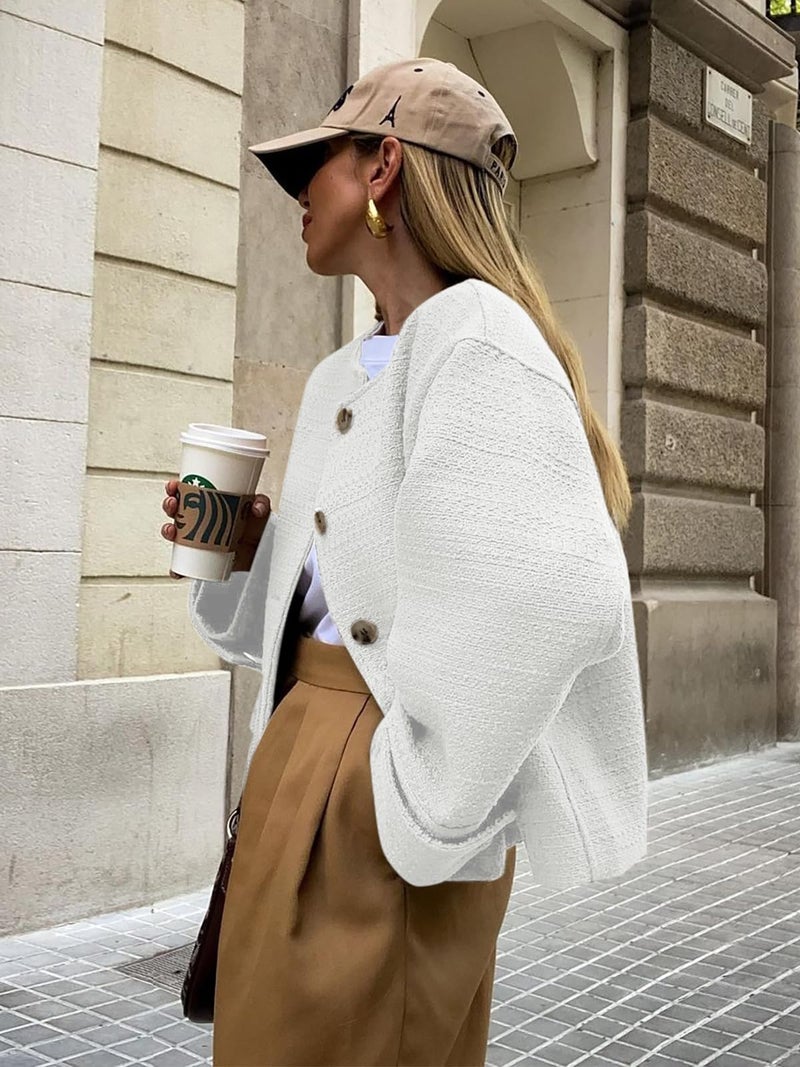 BZB Womens White Tweed Jackets Long Sleeve Business Button Down Casual Cropped Blazer Open Front Work Suits with Pockets - Image 2