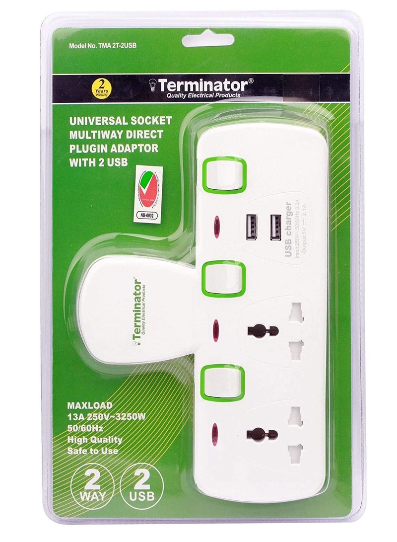 Terminator Terminator 2 Way Universal T Socket With 2Usb 2.1Ah Individual Switch And Indicator Fused In White Color TMA 2T 2Usb  - Image 1