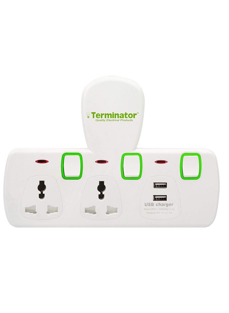 Terminator Terminator 2 Way Universal T Socket With 2Usb 2.1Ah Individual Switch And Indicator Fused In White Color TMA 2T 2Usb  - Image 2