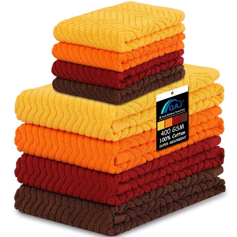 QAJ 100 Cotton Kitchen Towels and Dishcloths Set Pack of 8 Super Absorbent Dish Towels for Kitchen 16 x 25 and 13 x 13 Fall Kitchen Towels Set 400 GSM