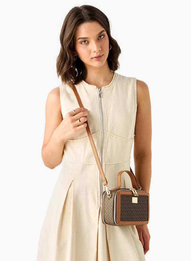 Flora Bella By Shoexpress Monogram Print Crossbody Bag with Detachable Strap and Zip Closure