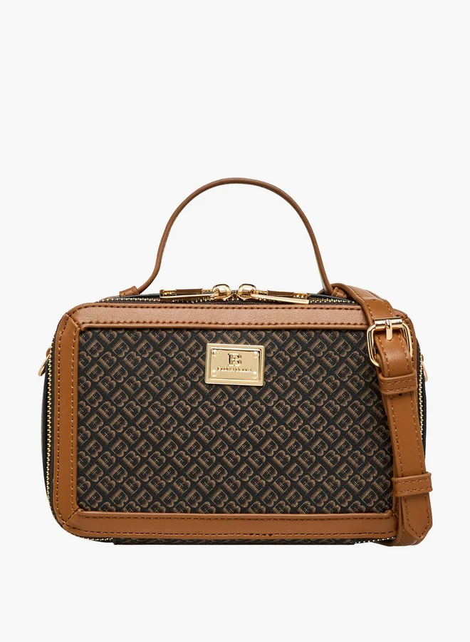 Flora Bella By Shoexpress Monogram Print Crossbody Bag with Detachable Strap and Zip Closure