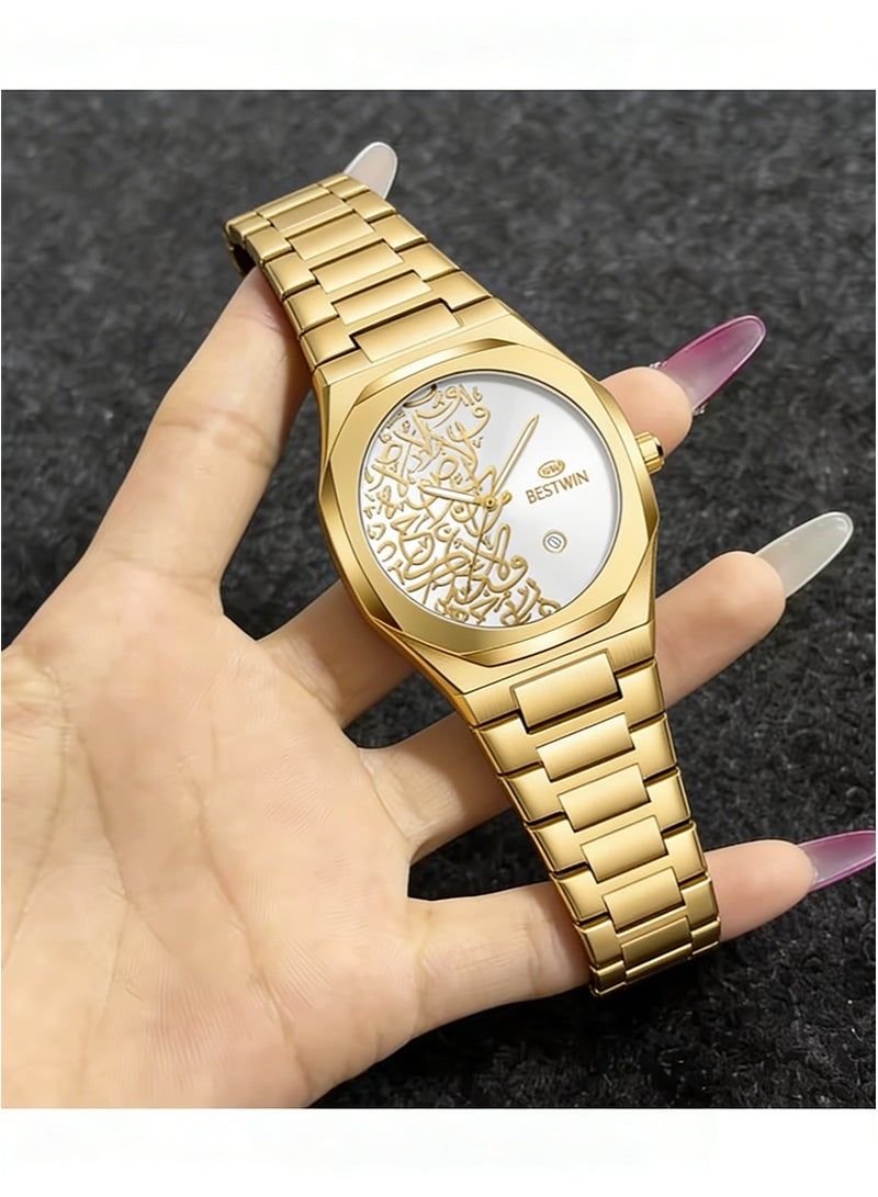 Bestwin Arabic Calligraphy Relief Dial Men's Watch Luminous Hands，Everyday Water-Resistant Quartz Movement Stainless Steel Bracelet With Double Push Button Clasp Suitable For Business，Casual，And Office Wear （Gold Bracelet + White Dial） - Image 3