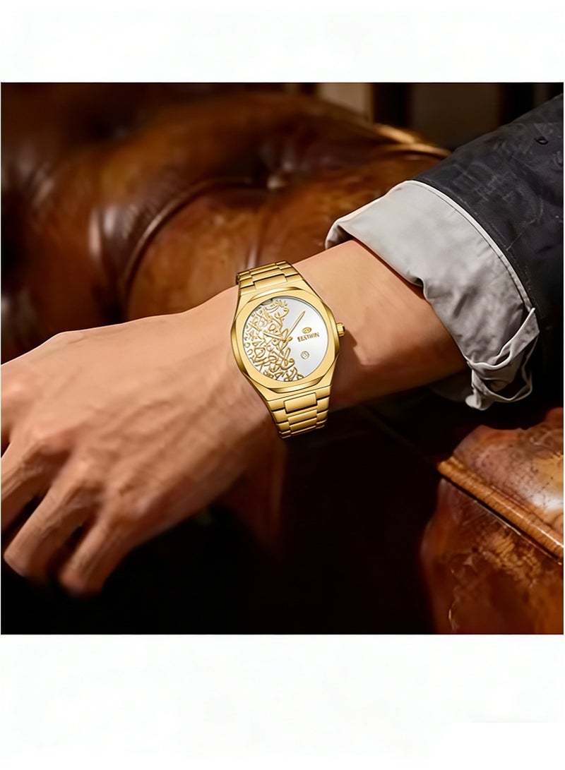 Bestwin Arabic Calligraphy Relief Dial Men's Watch Luminous Hands，Everyday Water-Resistant Quartz Movement Stainless Steel Bracelet With Double Push Button Clasp Suitable For Business，Casual，And Office Wear （Gold Bracelet + White Dial） - Image 4
