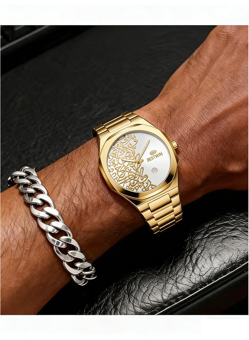 Bestwin Arabic Calligraphy Relief Dial Men's Watch Luminous Hands，Everyday Water-Resistant Quartz Movement Stainless Steel Bracelet With Double Push Button Clasp Suitable For Business，Casual，And Office Wear （Gold Bracelet + White Dial） - Image 5