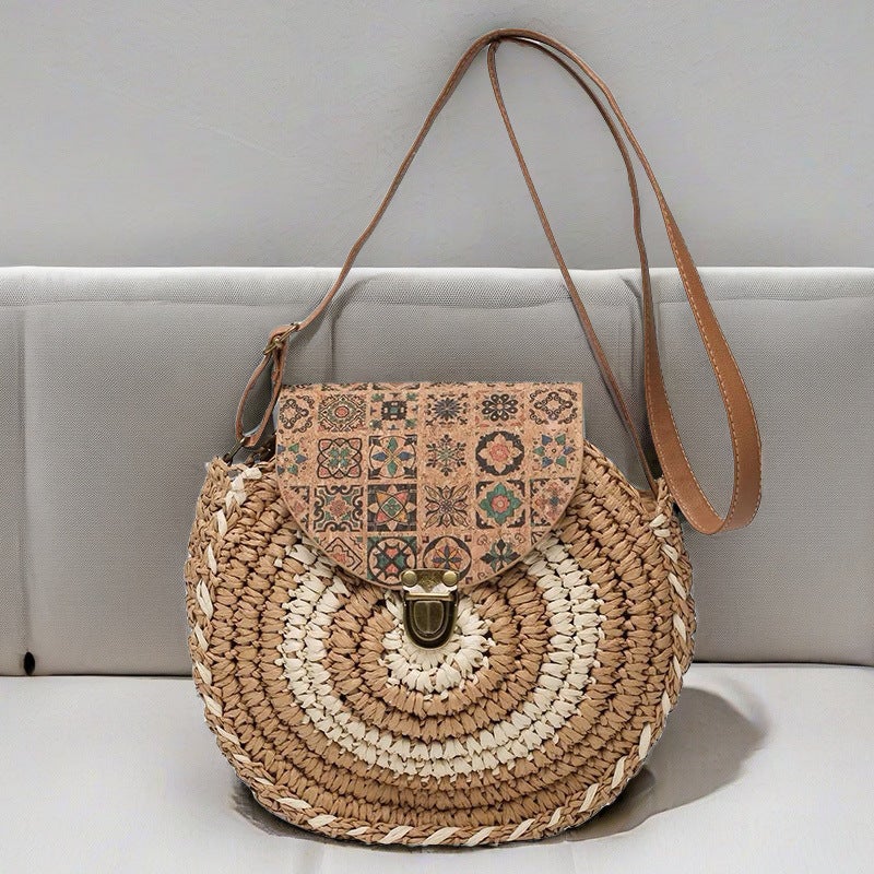 Mori Straw Bag Women'S Summer Crossbody Ethnic Style Niche Fashion Woven Round Pancake Bag Single Shoulder Portable Small Round Bag - Image 4