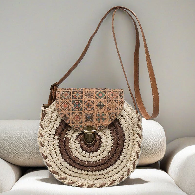 Mori Straw Bag Women'S Summer Crossbody Ethnic Style Niche Fashion Woven Round Pancake Bag Single Shoulder Portable Small Round Bag - Image 5