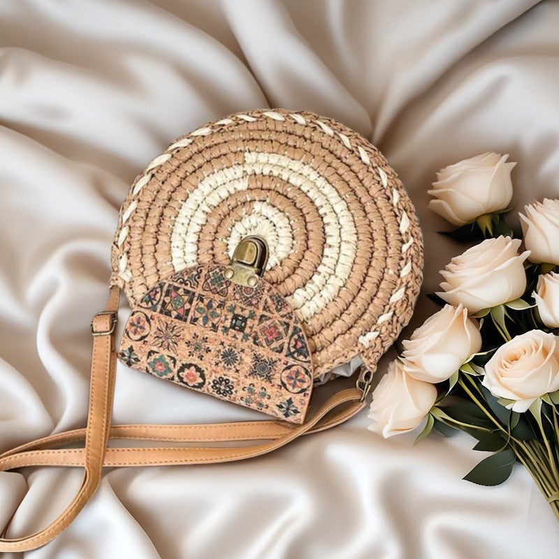 Mori Straw Bag Women'S Summer Crossbody Ethnic Style Niche Fashion Woven Round Pancake Bag Single Shoulder Portable Small Round Bag - Image 2