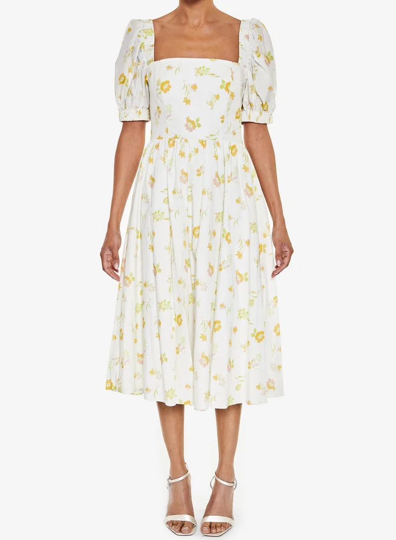ترو ديكادينس Stella Cream-Yellow-Floral Open Cross-Back Puff-Sleeve Midi-Dress