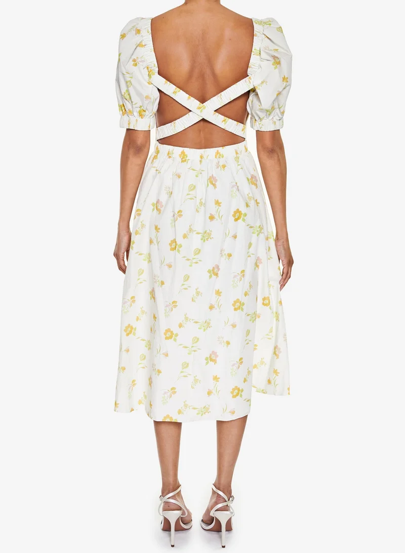ترو ديكادينس Stella Cream-Yellow-Floral Open Cross-Back Puff-Sleeve Midi-Dress