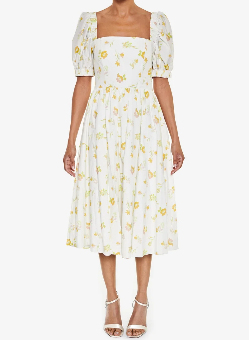 ترو ديكادينس Stella Cream-Yellow-Floral Open Cross-Back Puff-Sleeve Midi-Dress
