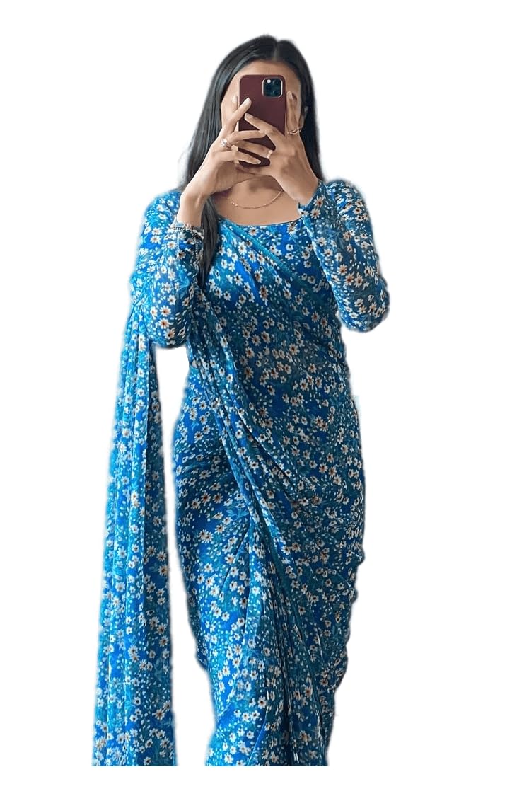 Sidhidata ساري سيدي داتا النسائي بلون أزرق سماوي من جورجيت مزخرف بأزهار مع قطعة بلوزة غير مخيطة - Image 1