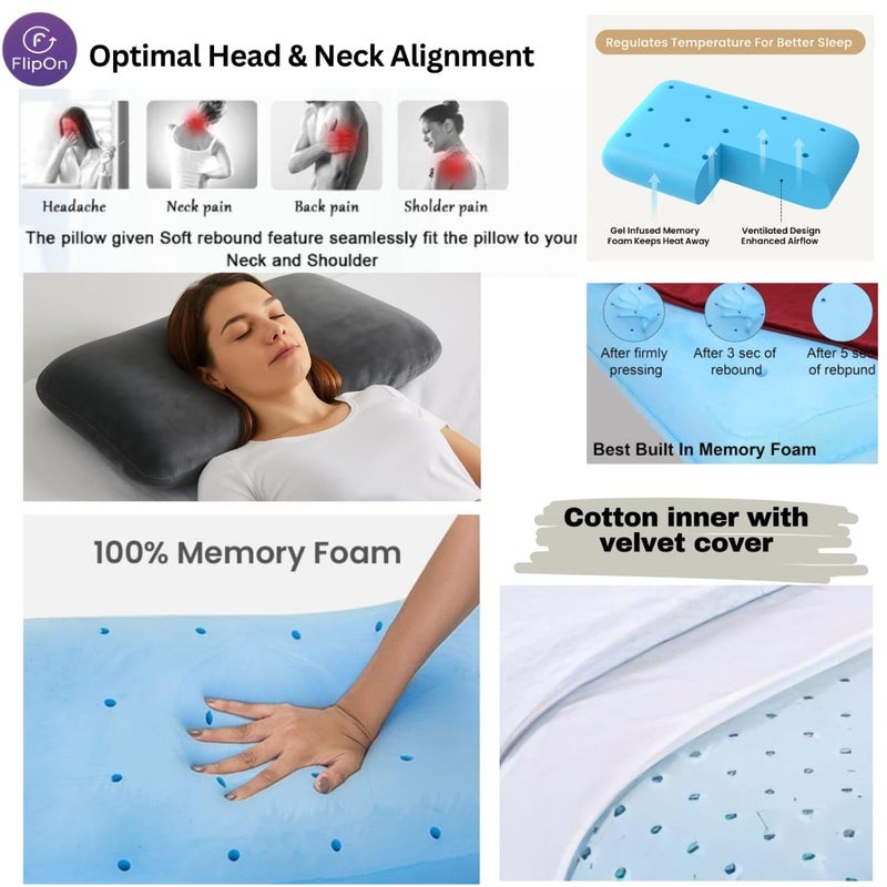 Flipon Orthopedic Memory Foam Pillow | Gel-Infused for Cooling | Ergonomic Support for Back & Side Sleepers | Velvet Cover with Inner Cover Size- 24 x 15 x 4.5/4 inch (Classic Design) - Image 2