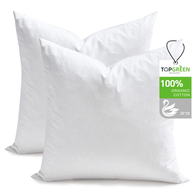 TOPGREEN Feathers Down Pillow Inserts 26x26, Set of 2, Euro Pillow Insert with 100% Organic Cotton Shell, Soft Decorative Throw Pillow for Living Room, Sofa, Couch, or Bed (White) - Image 1