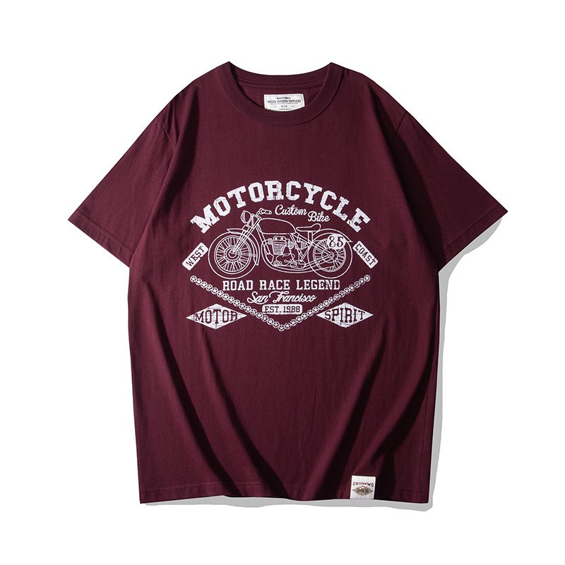 Generic OKONKWO motorcycle printed Ami Khaji T-shirt 200g American retro short sleeve T-shirt 3109 wine red 
